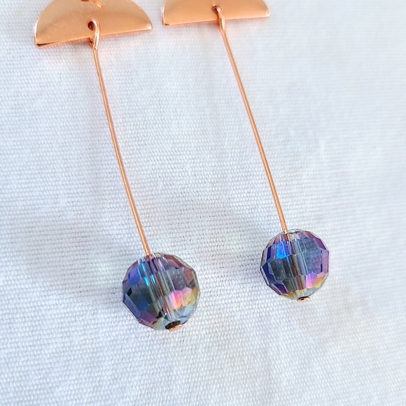 Subtle Delights Handmade Abstract Art Rose Gold & Iridescent Blue Glass Earrings - Picture 3 of 4